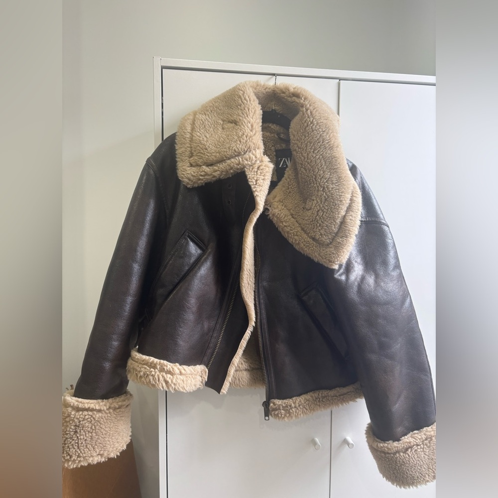 Zara shearling lined faux brown leather jacket